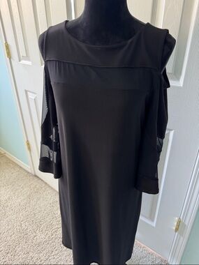 Frank Lyman Design Black Midi Dress with Sheer Sleeve Panels